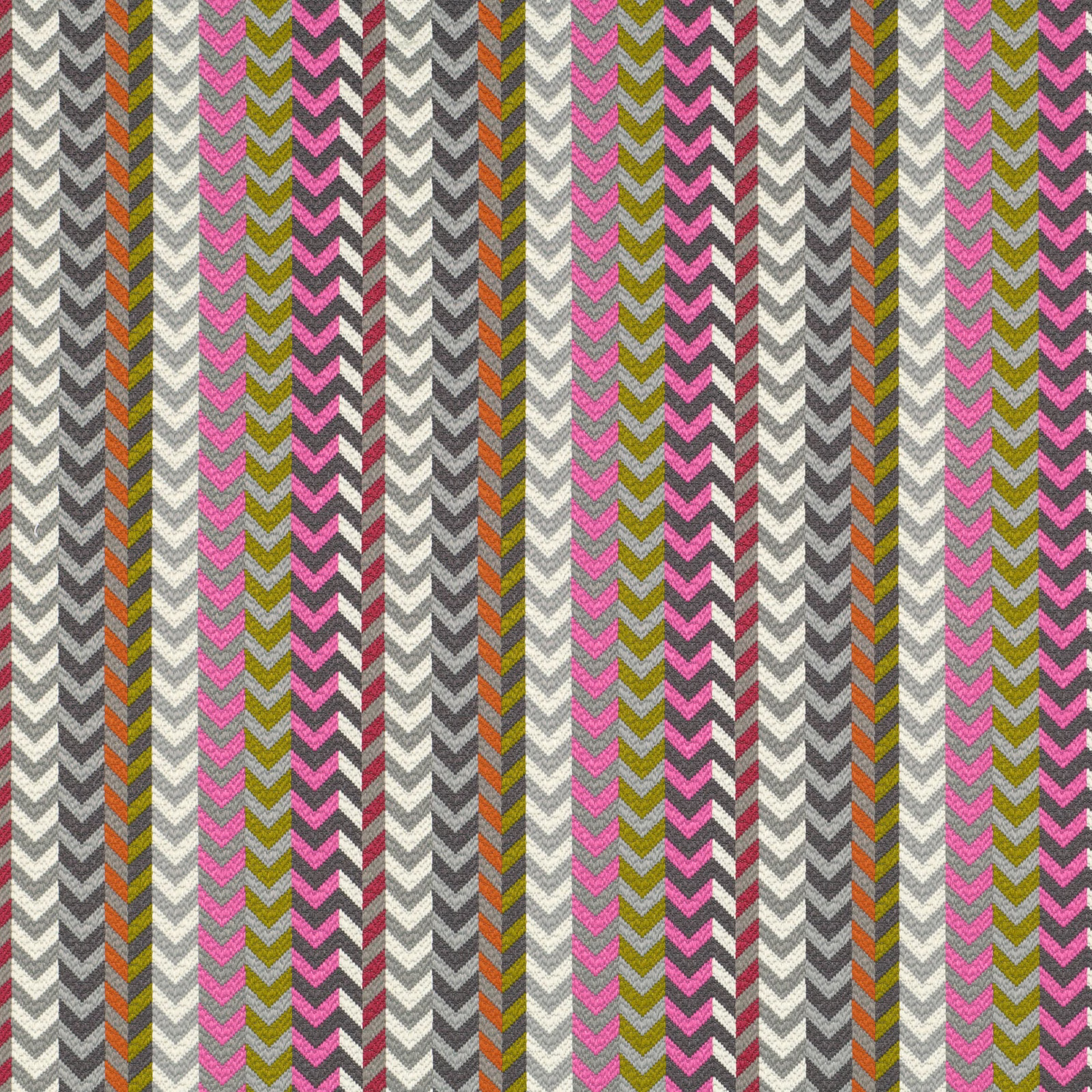 Pink, olive, grey and cream chevron stripes in a textured woven fabric