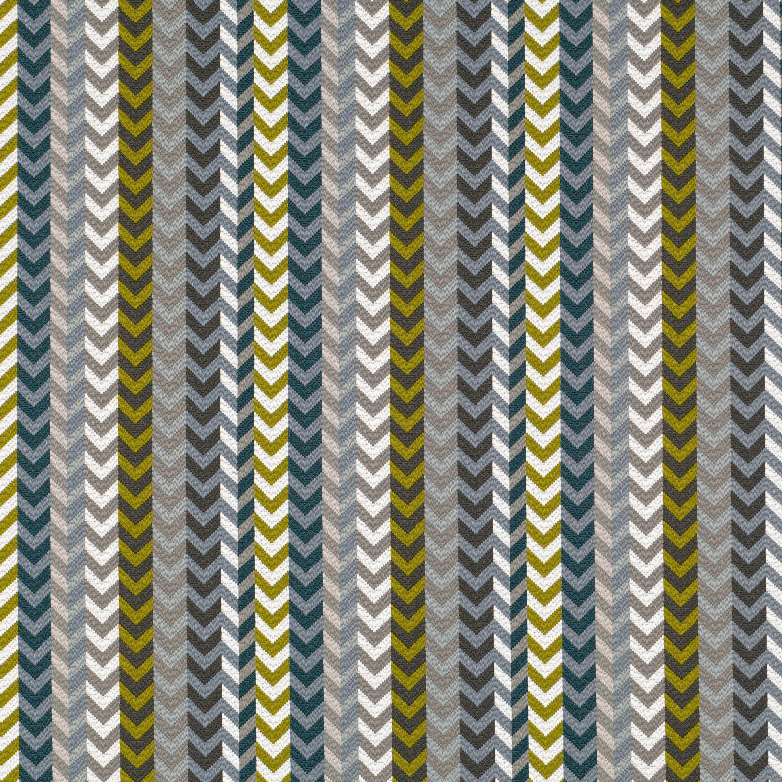 Vertical teal, olive and pale grey chevrons in a textured woven textile