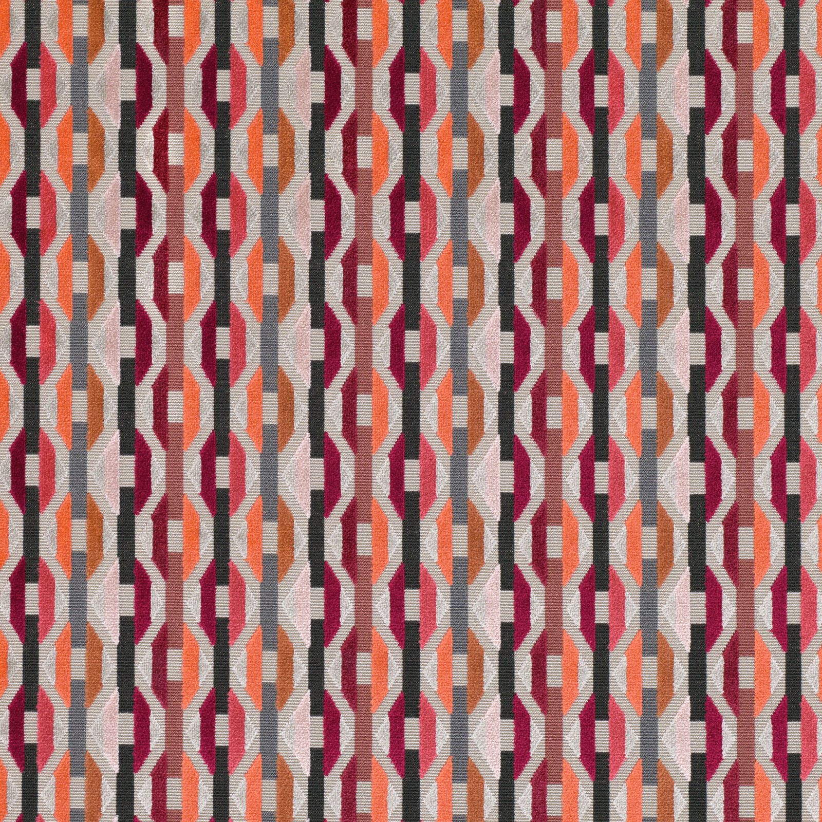 Woven geometric textile with chilli red, orange, charcoal, grey and ivory vertical bands