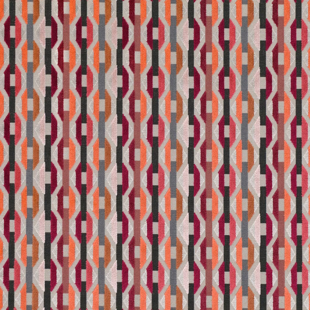 Woven geometric textile with chilli red, orange, charcoal, grey and ivory vertical bands