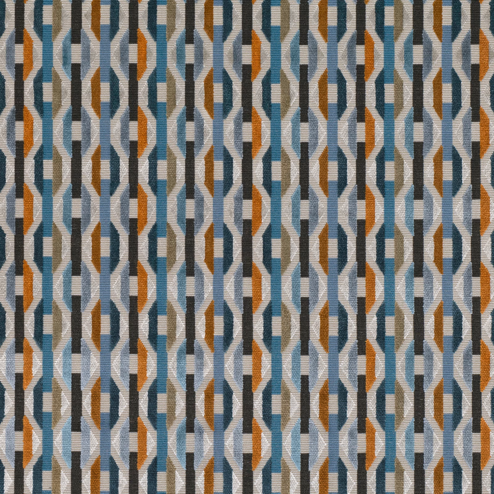 Copper, teal and blue-grey geometric woven fabric with repeating angular vertical motifs