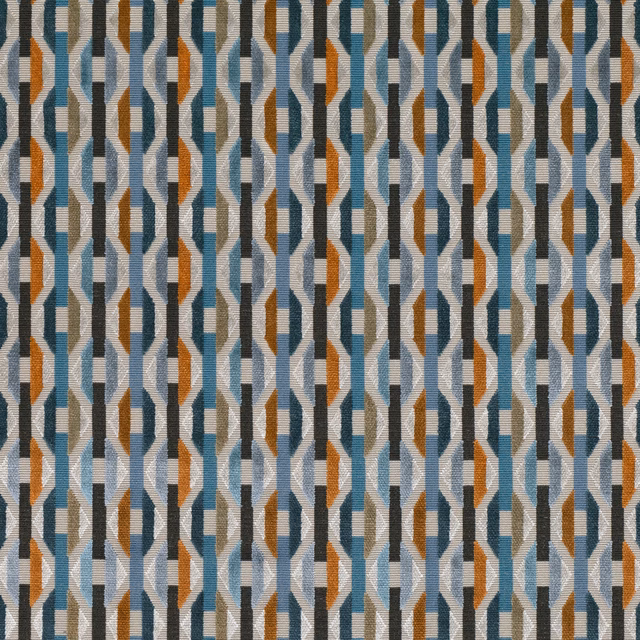 Copper, teal and blue-grey geometric woven fabric with repeating angular vertical motifs