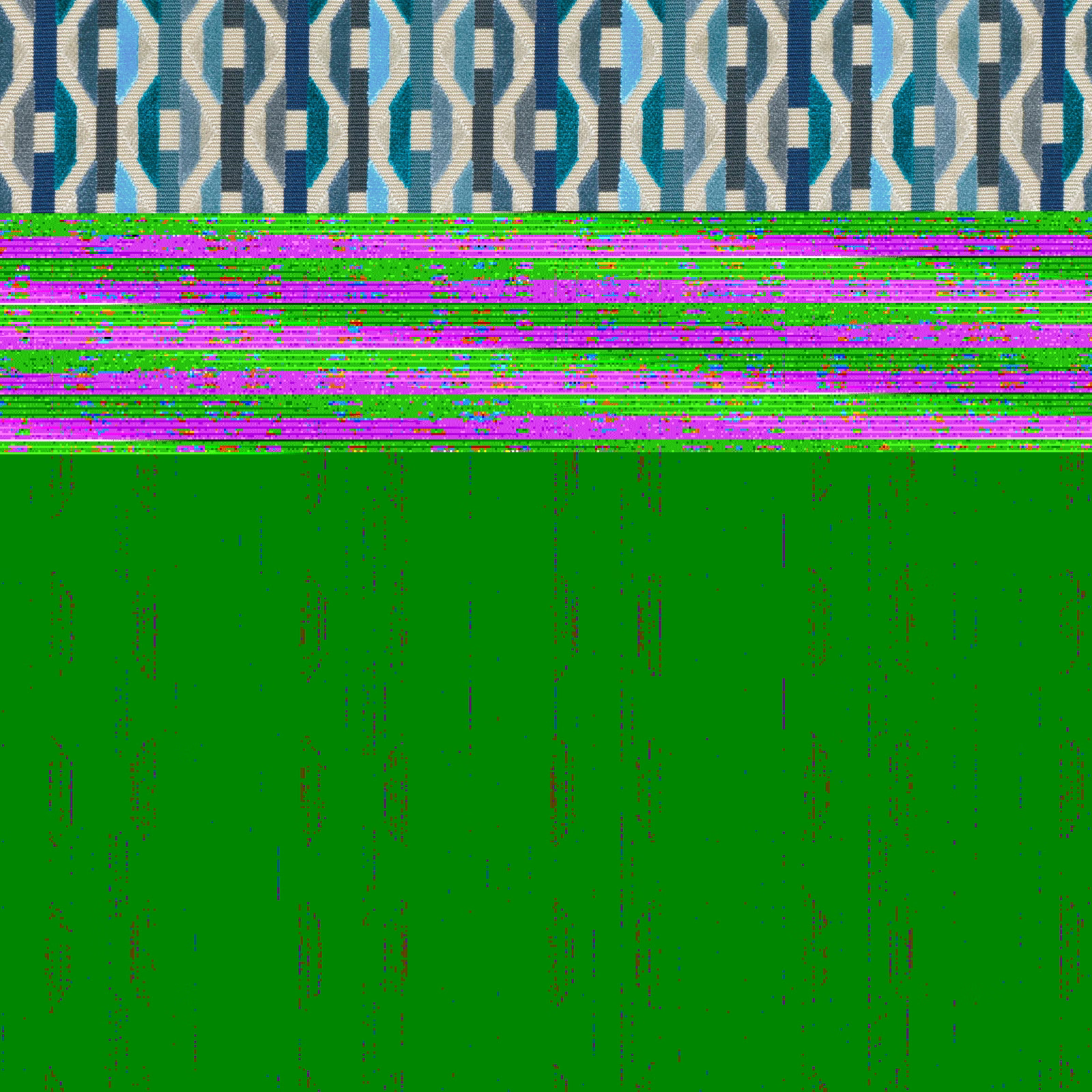 Cream woven fabric with repeating teal and deep blue interlocking geometric motifs