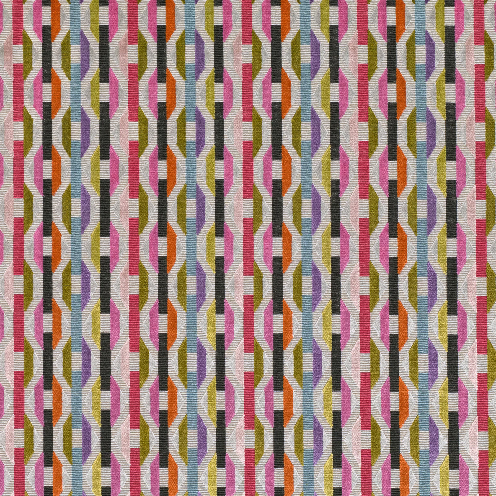 Peony pink geometric striped weave with black, olive, lilac and orange accents