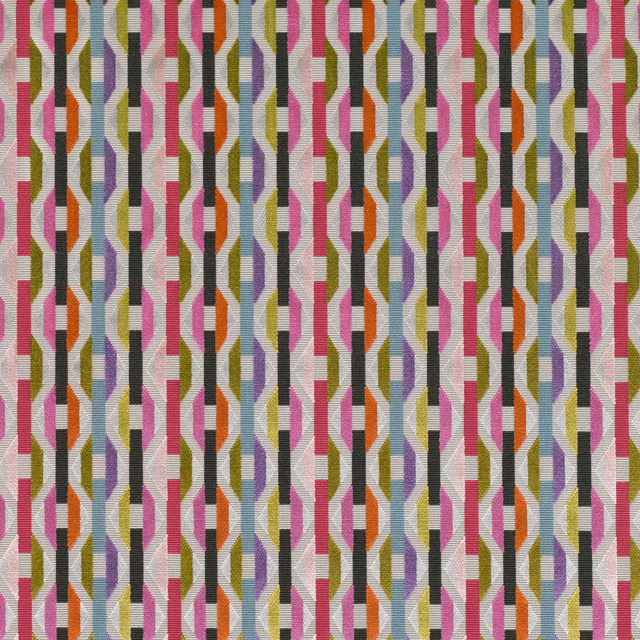 Peony pink geometric striped weave with black, olive, lilac and orange accents