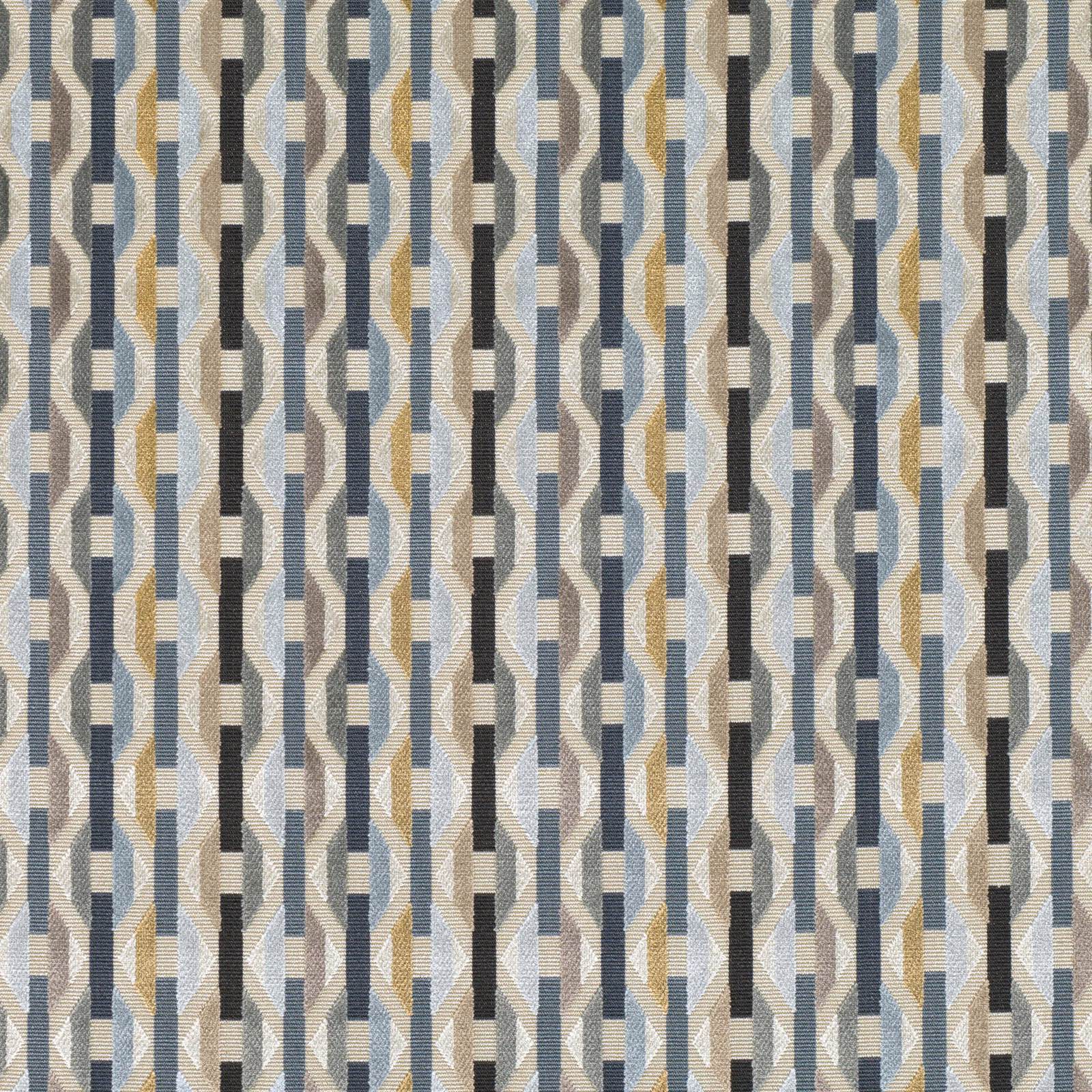 Warm beige woven fabric with blue-grey, black and ochre vertical geometric zigzags