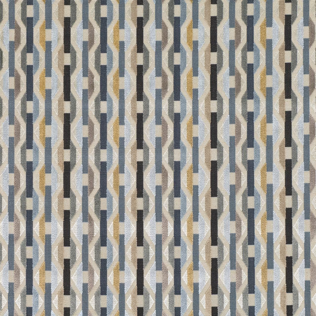 Warm beige woven fabric with blue-grey, black and ochre vertical geometric zigzags