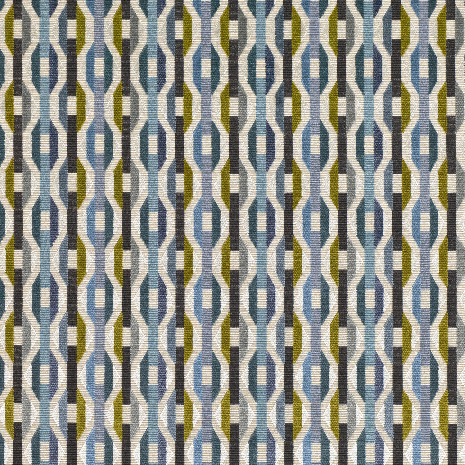 Olive green, blue, charcoal and cream interlocking geometric weave in vertical repeat