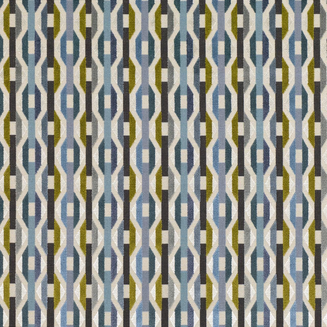 Olive green, blue, charcoal and cream interlocking geometric weave in vertical repeat