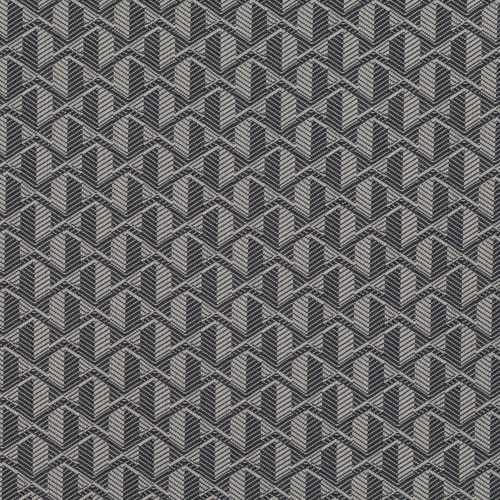 Charcoal grey woven fabric with a small repeating black-and-light geometric cube pattern