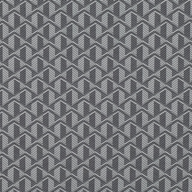 Cool silver-blue woven ground with charcoal stepped chevrons and fine diagonal texture