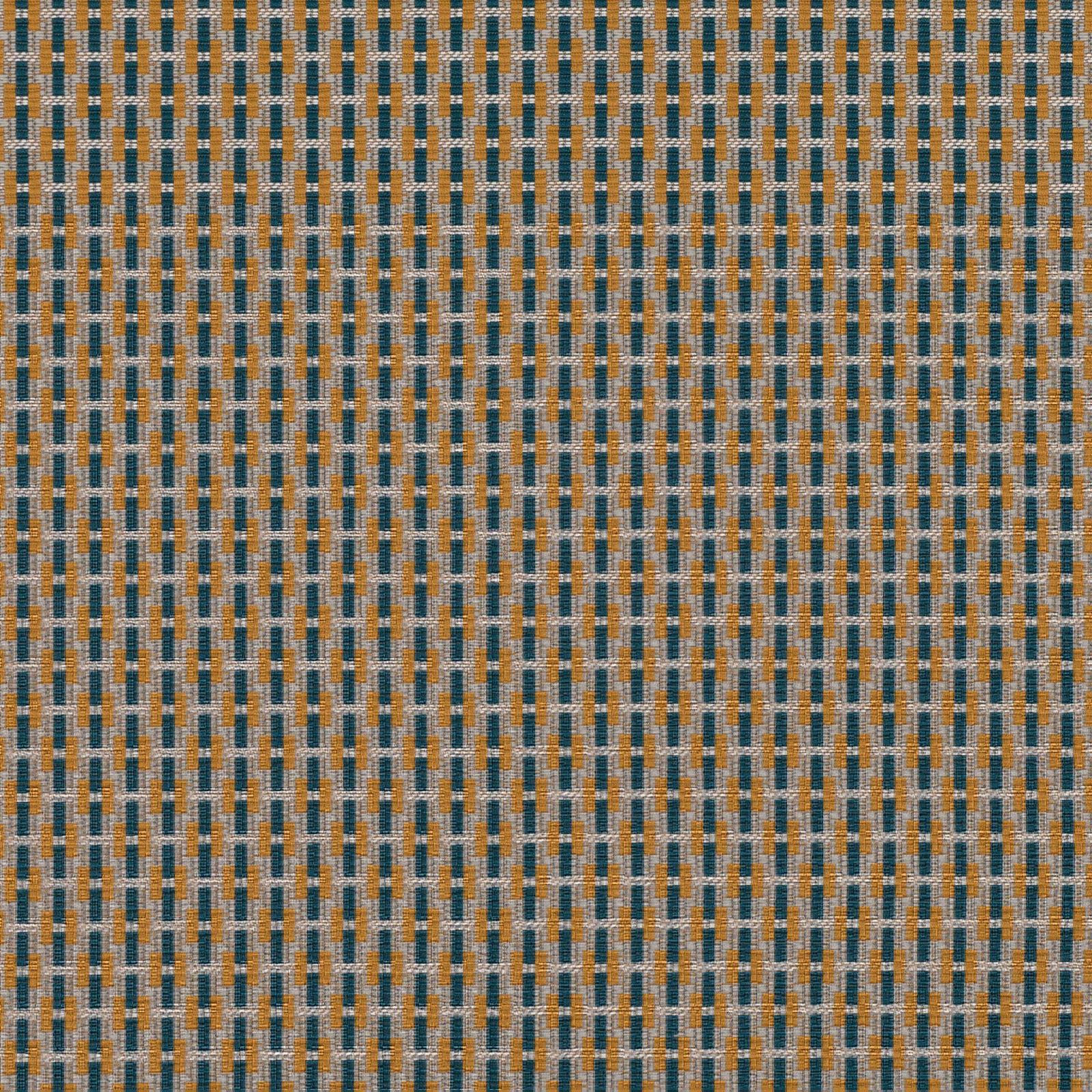 Close-up of Tikal Copper fabric with copper, teal and cream geometric woven dashes