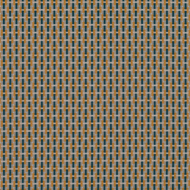 Close-up of Tikal Copper fabric with copper, teal and cream geometric woven dashes