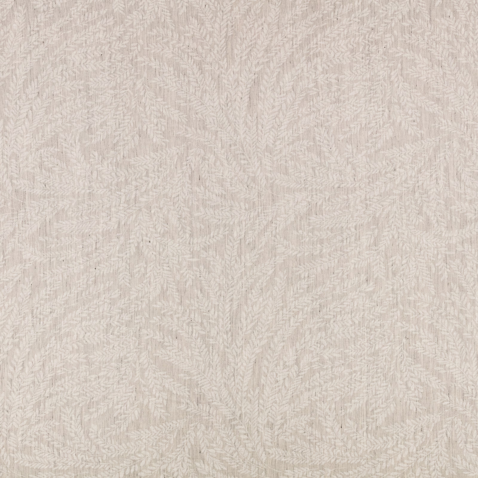 Pale seasalt woven textile with delicate ivory fern-like marks and tonal texture