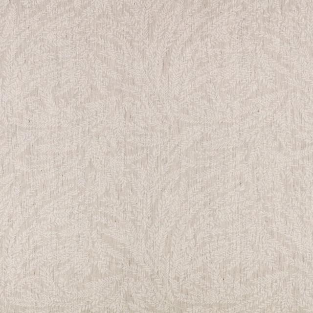 Pale seasalt woven textile with delicate ivory fern-like marks and tonal texture