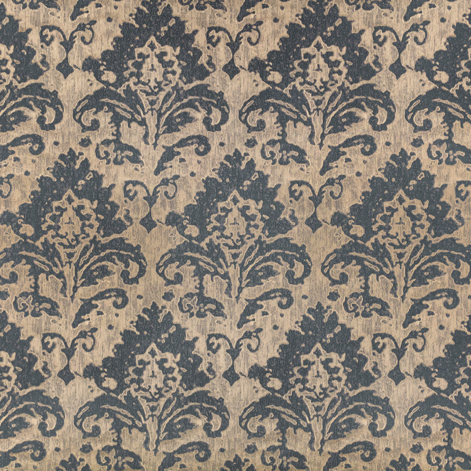 Weathered gunmetal damask with scrolling florals on a textured beige ground