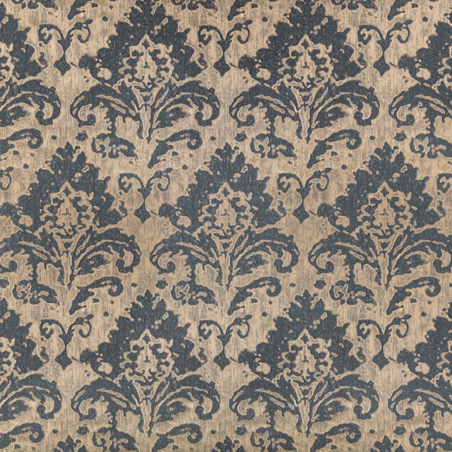 Weathered gunmetal damask with scrolling florals on a textured beige ground
