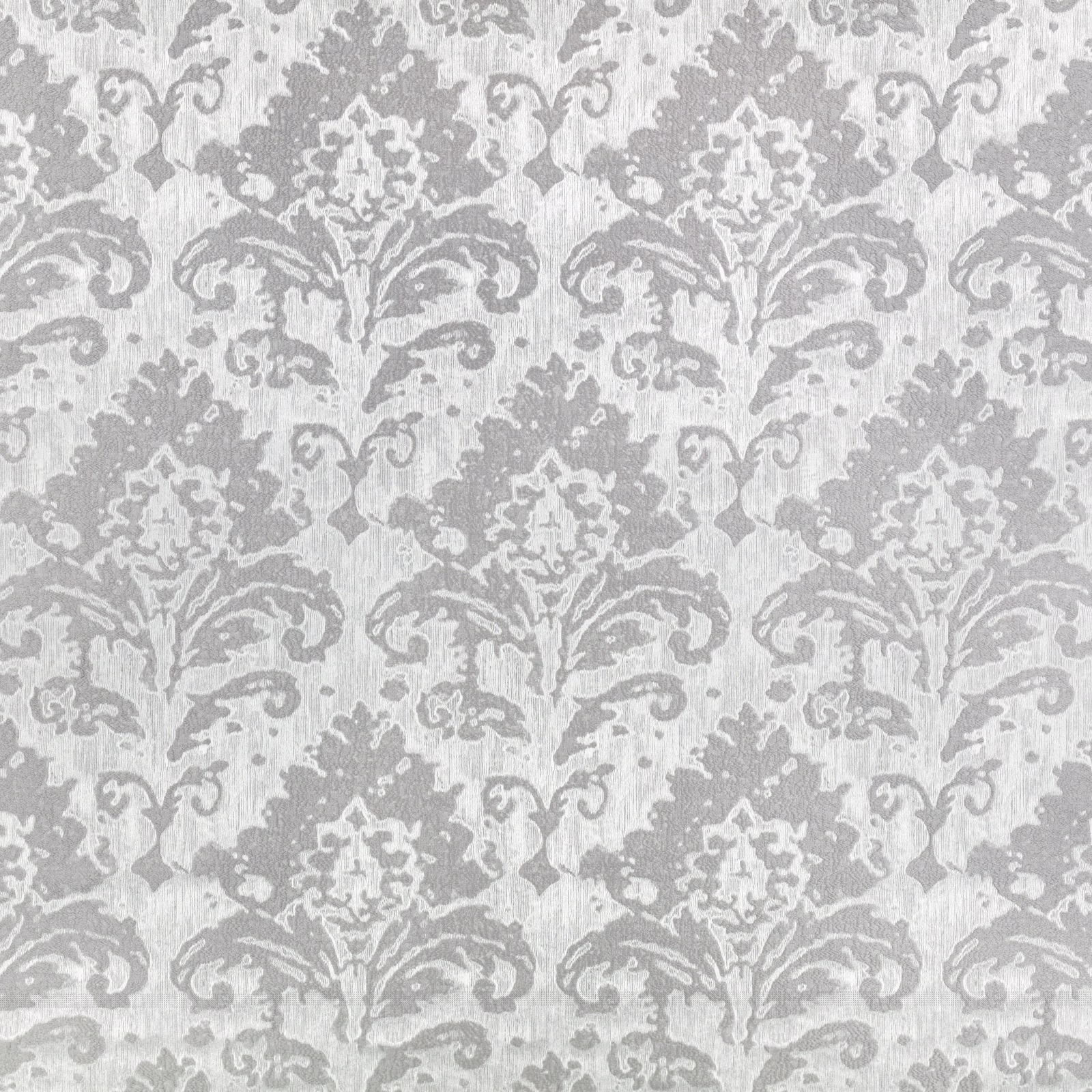 Pale grey damask with scrolling floral motifs and subtly striated texture