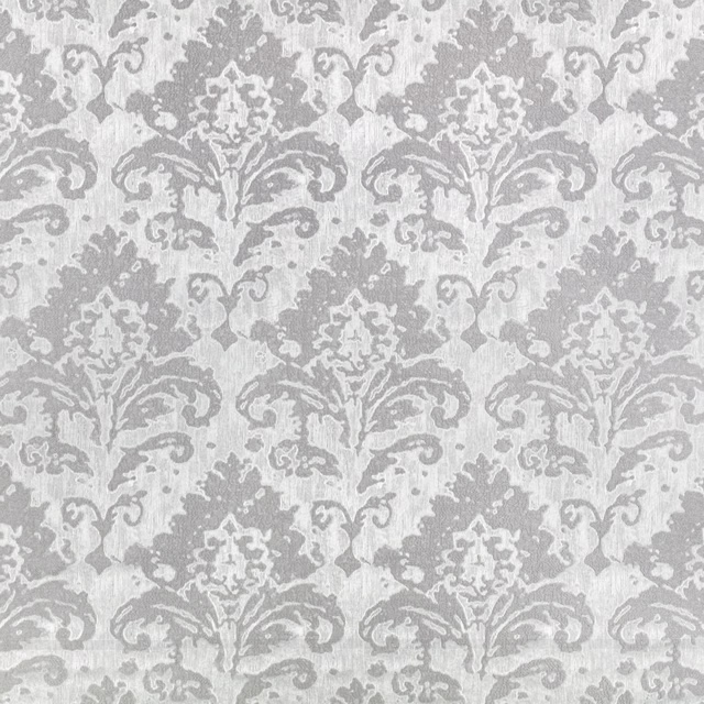 Pale grey damask with scrolling floral motifs and subtly striated texture