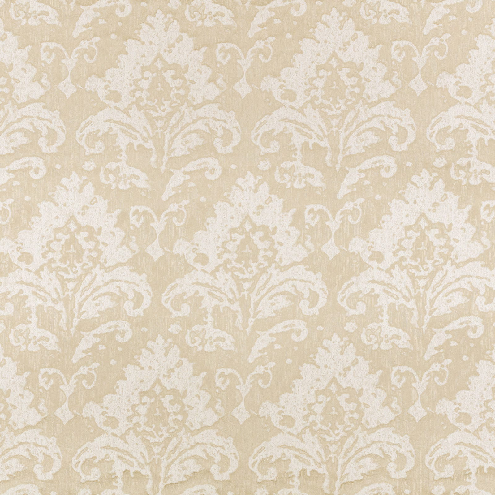 Warm teak-taupe textile with ivory damask motifs and softly slubbed texture