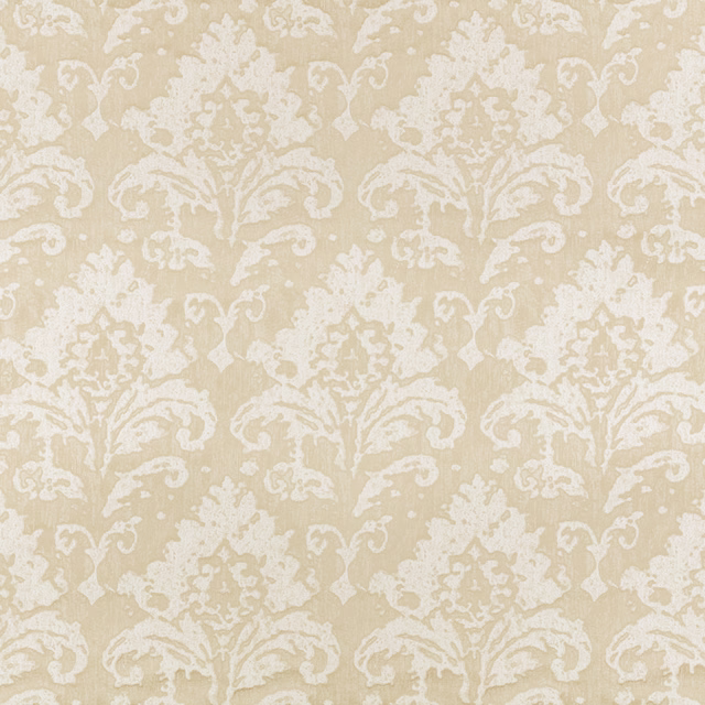 Warm teak-taupe textile with ivory damask motifs and softly slubbed texture