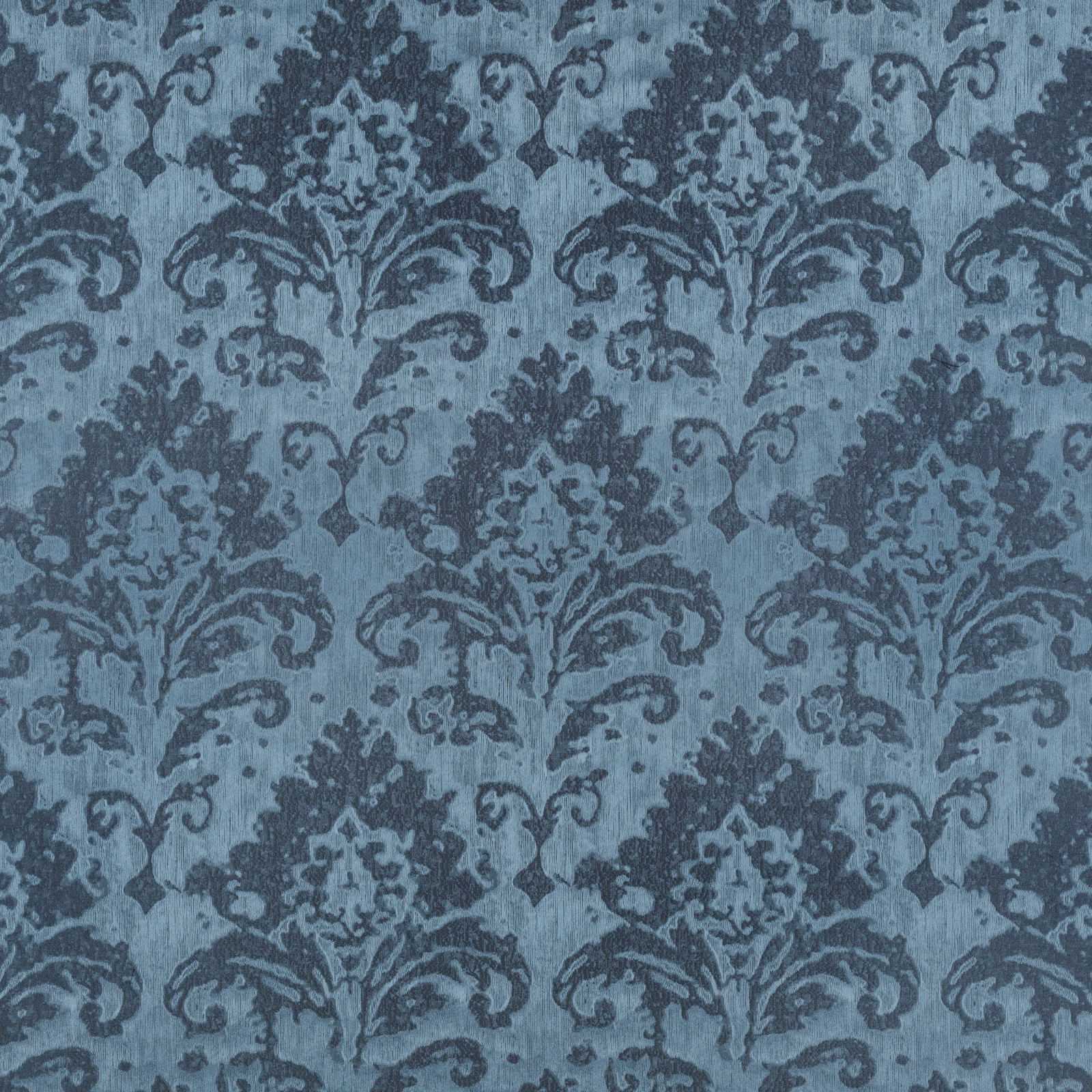 Dusty blue-grey damask with charcoal scrolling foliage and textured woven appearance
