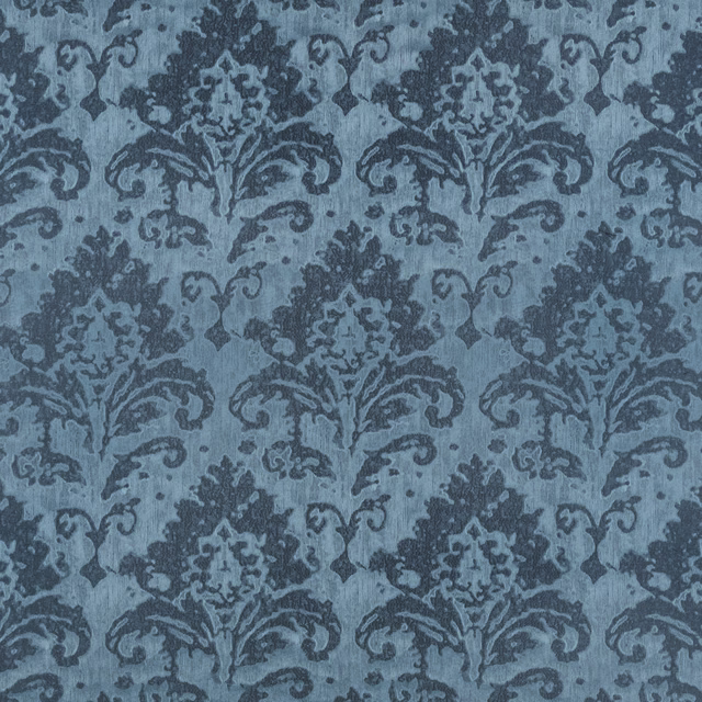 Dusty blue-grey damask with charcoal scrolling foliage and textured woven appearance