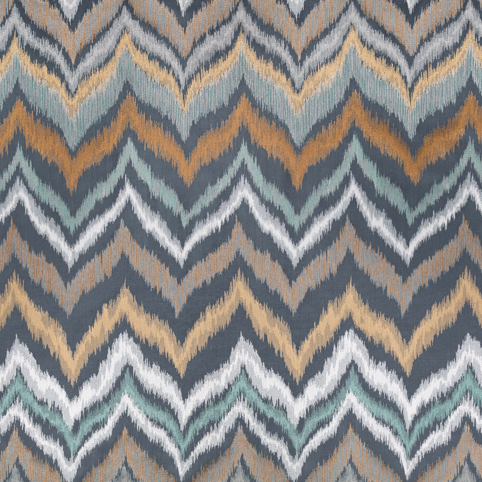 Charcoal and slate chevron weave with ochre, chalk and pale aqua accents