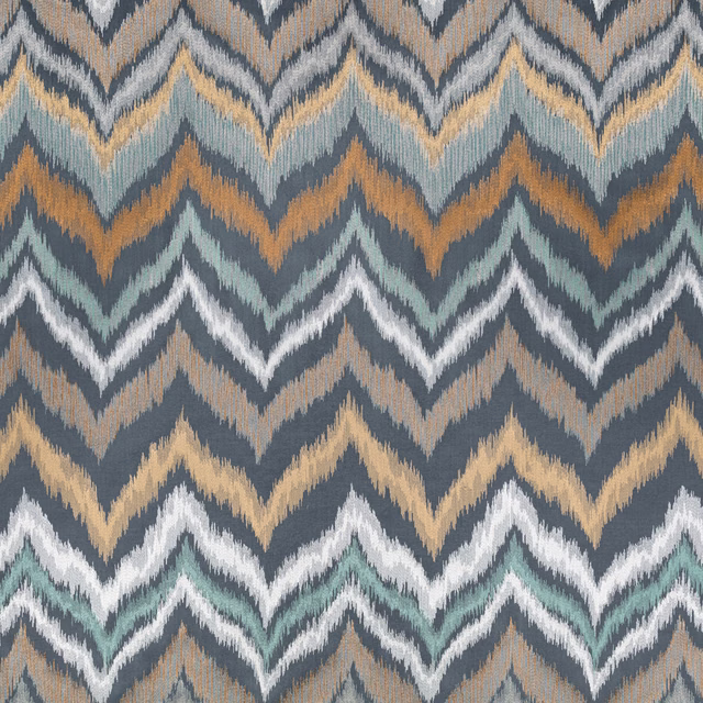 Charcoal and slate chevron weave with ochre, chalk and pale aqua accents