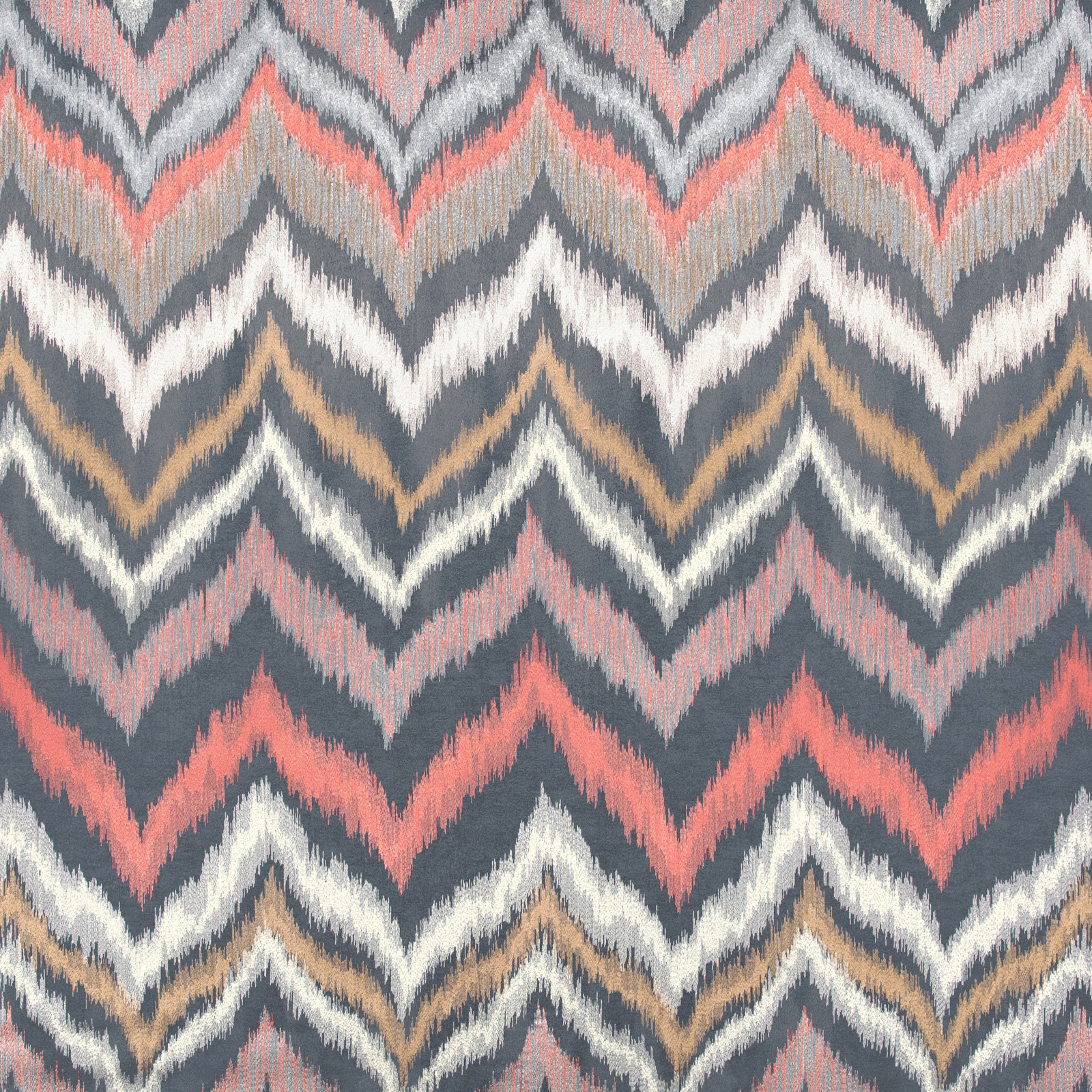 Charcoal woven fabric with coral, cream and tan irregular chevron bands