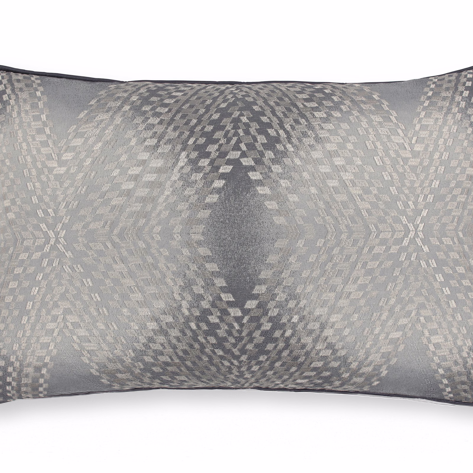 Cool French grey woven textile with a softly mirrored pixel oval motif