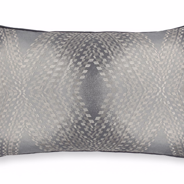 Cool French grey woven textile with a softly mirrored pixel oval motif