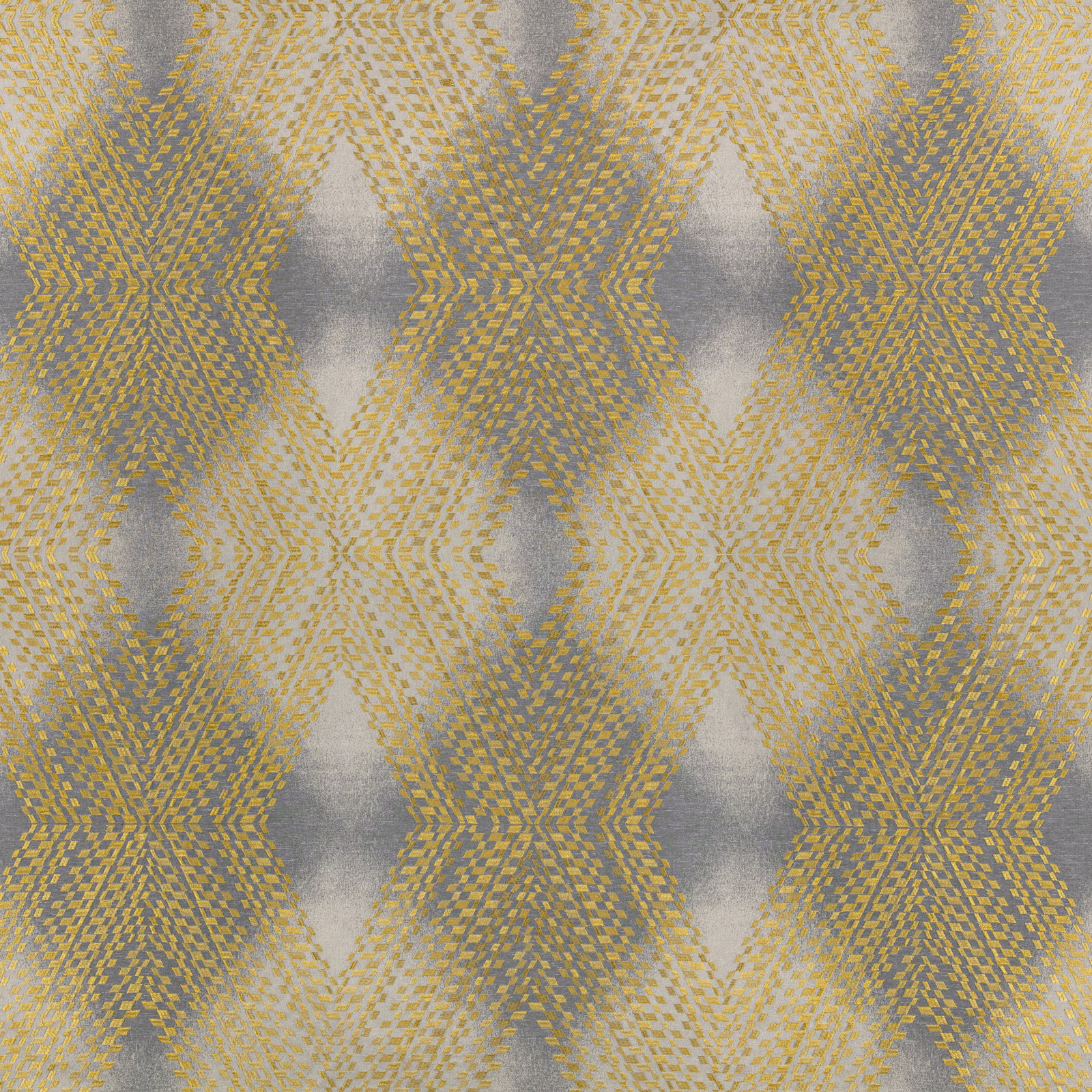 Muted olive and grey woven fabric with repeating hourglass geometric motifs