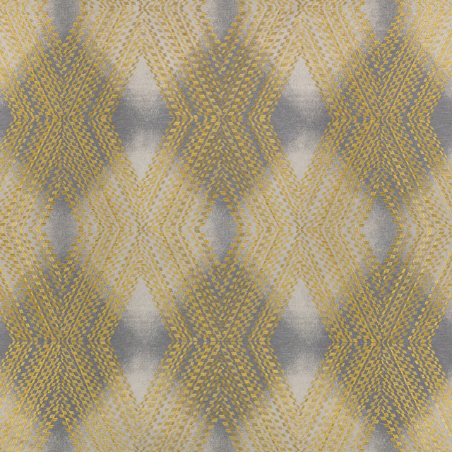 Muted olive and grey woven fabric with repeating hourglass geometric motifs