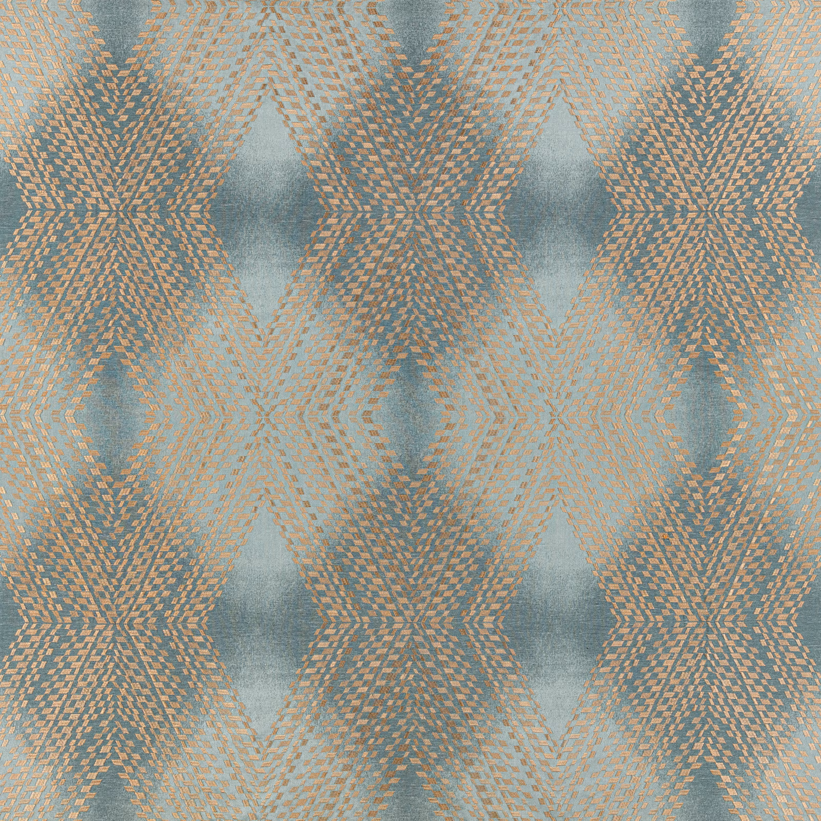 Blue-grey woven textile with copper-spice hourglass motifs and soft tactile texture