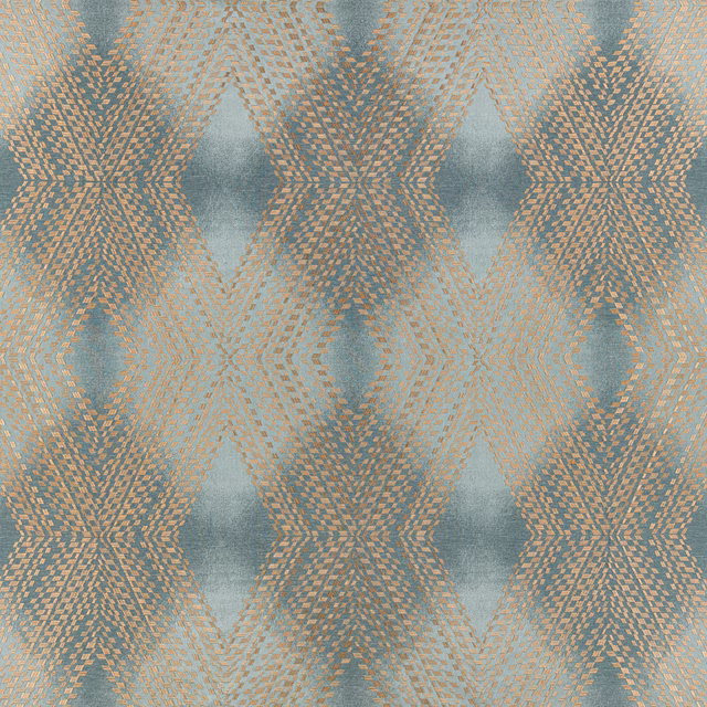 Blue-grey woven textile with copper-spice hourglass motifs and soft tactile texture