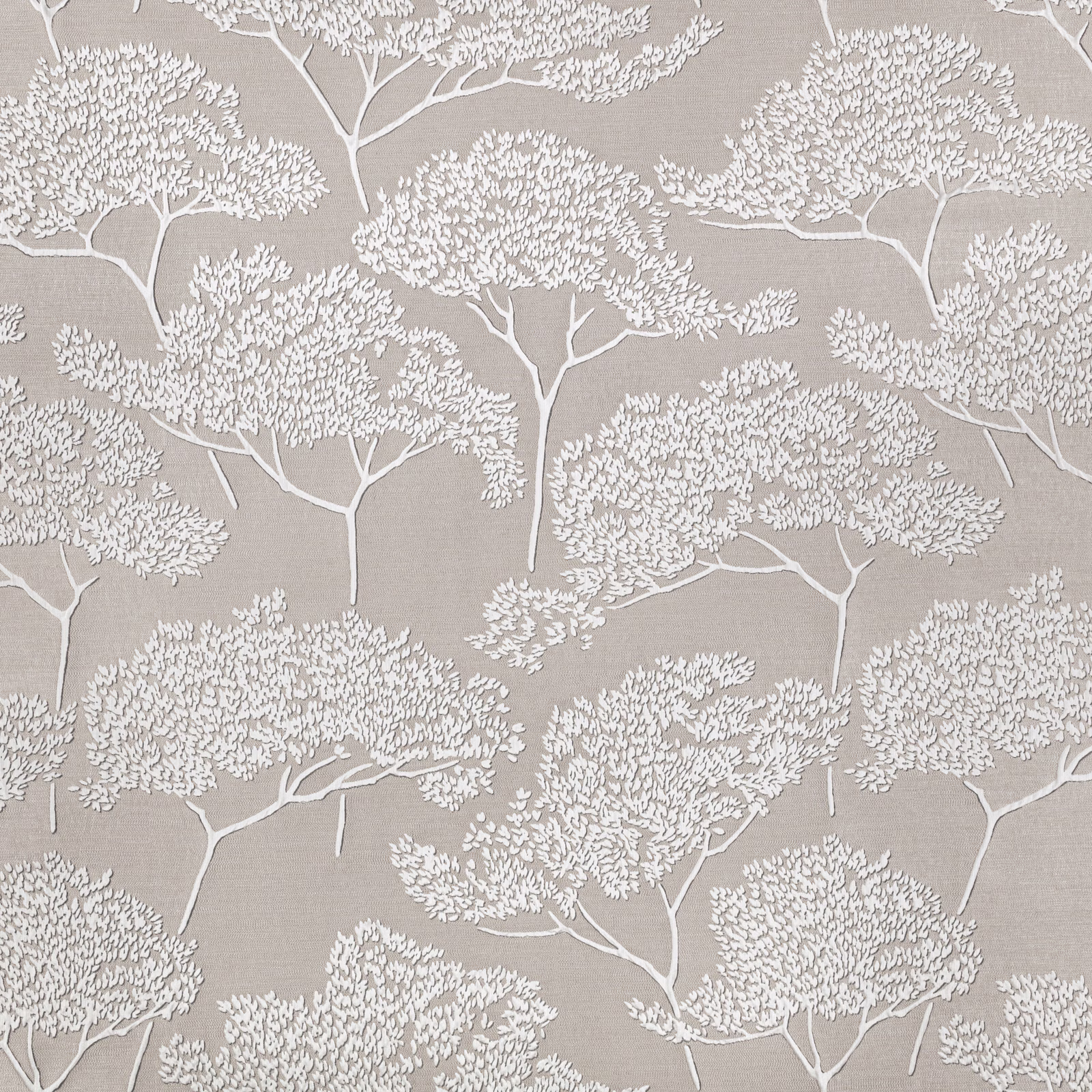 Warm taupe fabric with ivory, finely branched tree canopies in a repeat