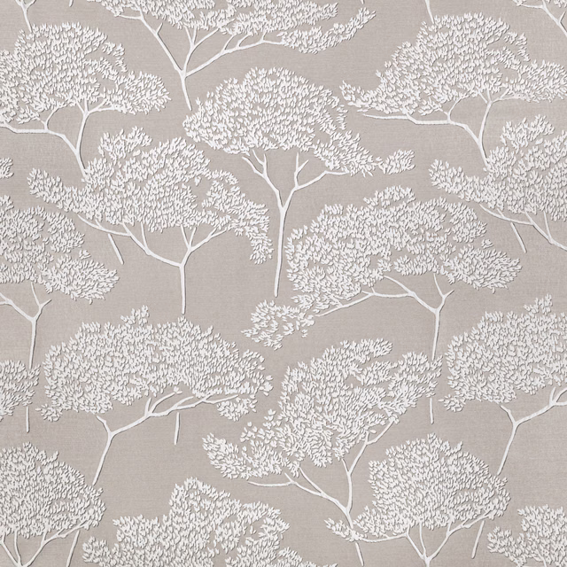 Warm taupe fabric with ivory, finely branched tree canopies in a repeat