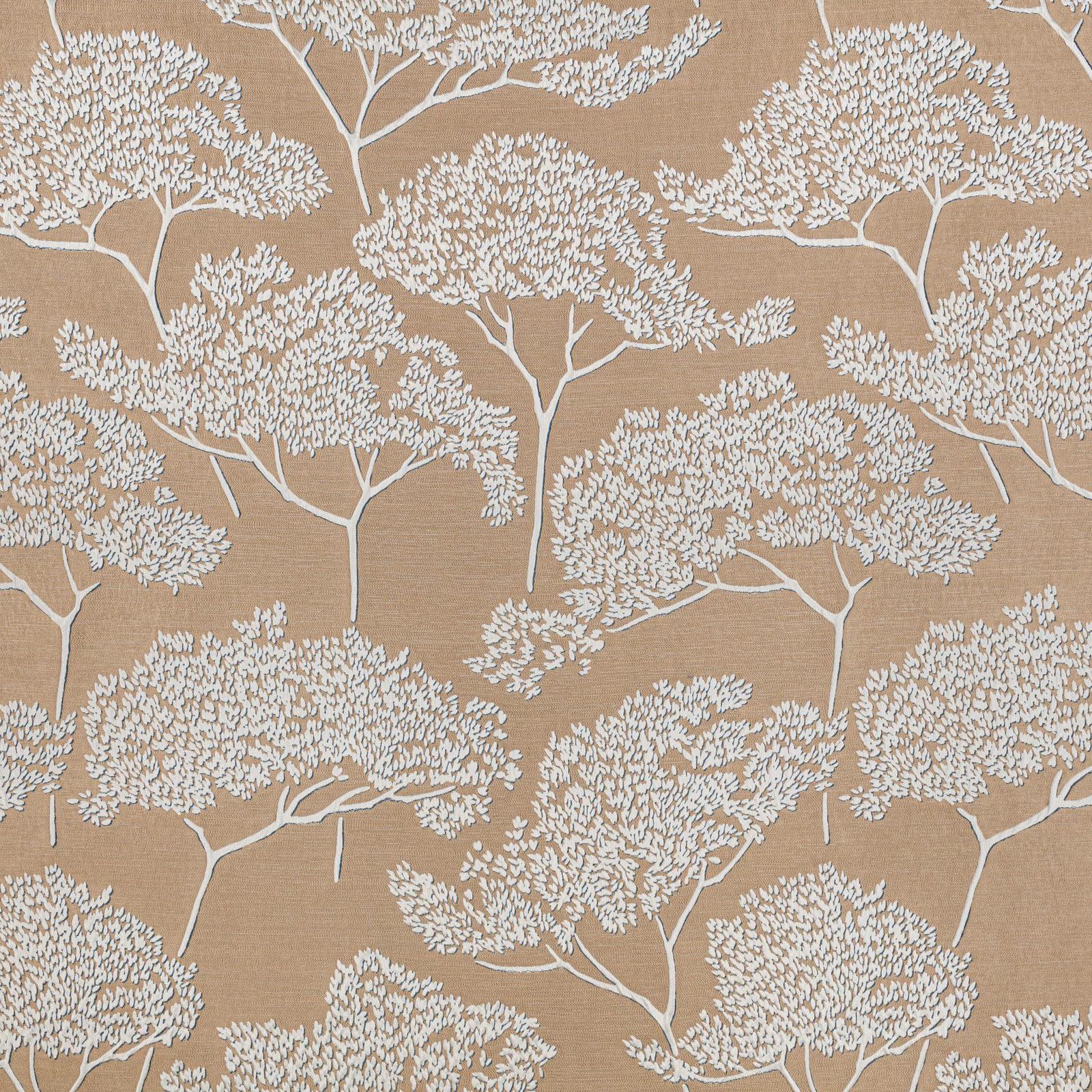 Warm spice-tan fabric with ivory branching trees and fine horizontal texture