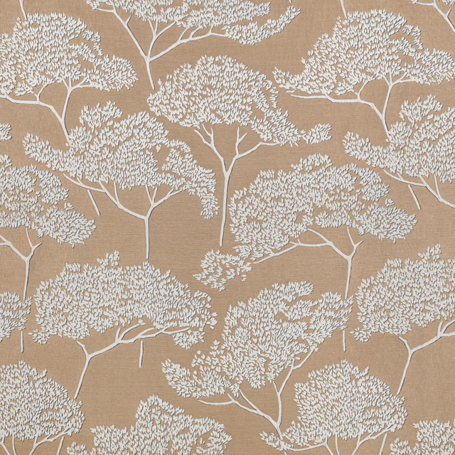 Warm spice-tan fabric with ivory branching trees and fine horizontal texture