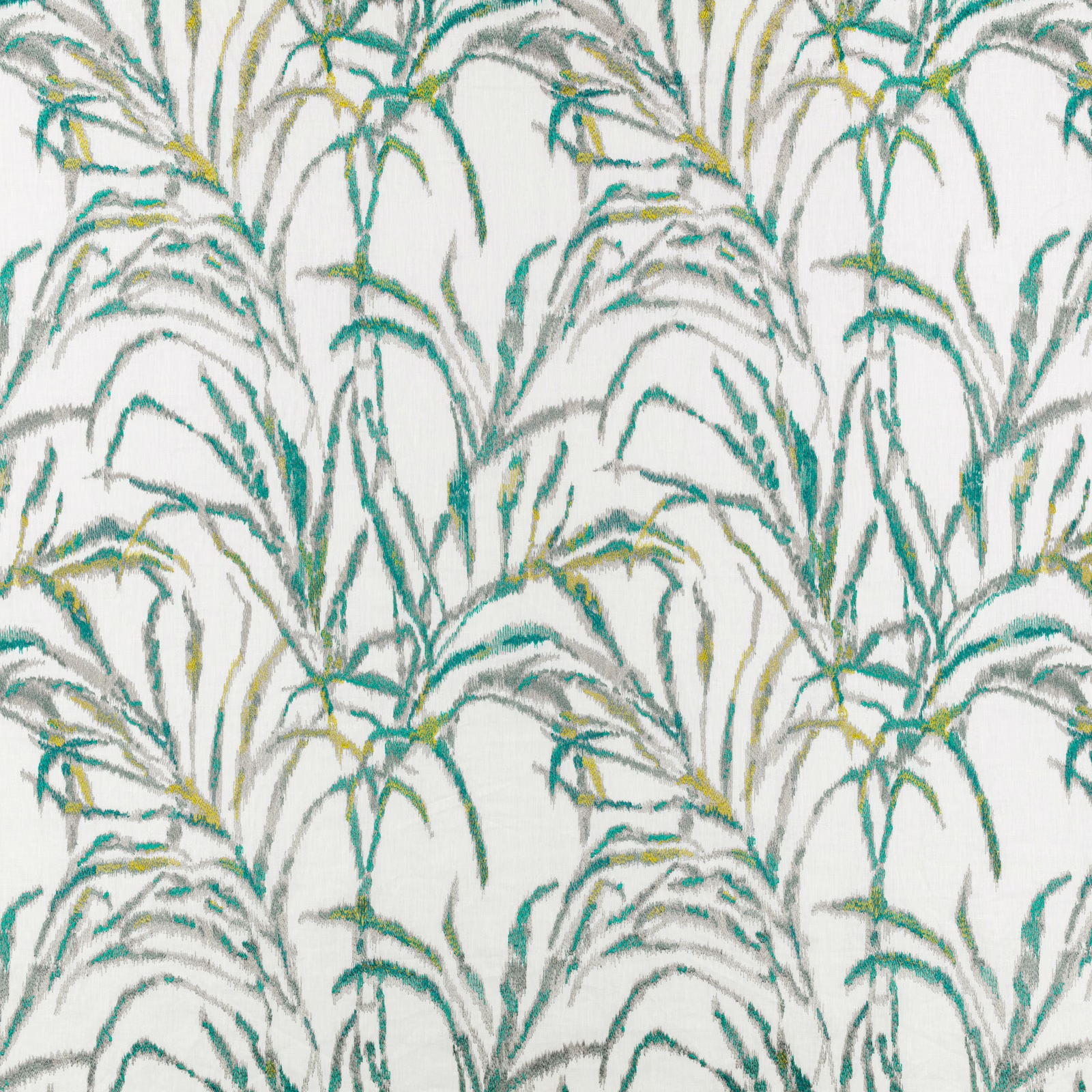 Cream fabric with painterly teal, green and ochre arching foliage motifs