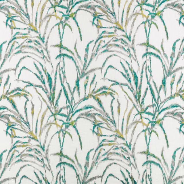 Cream fabric with painterly teal, green and ochre arching foliage motifs