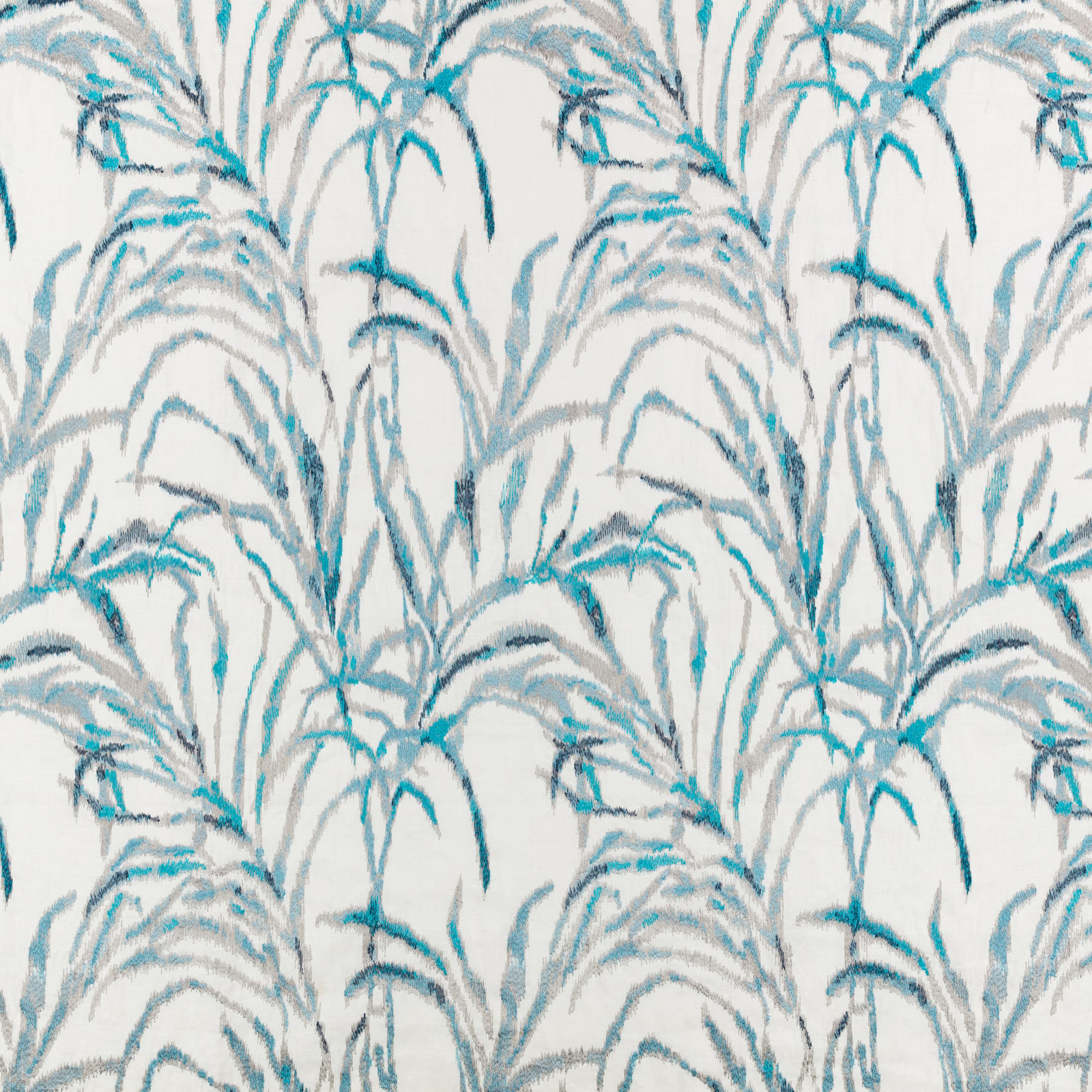 Muted turquoise botanical fronds on a softly textured pale ivory fabric ground