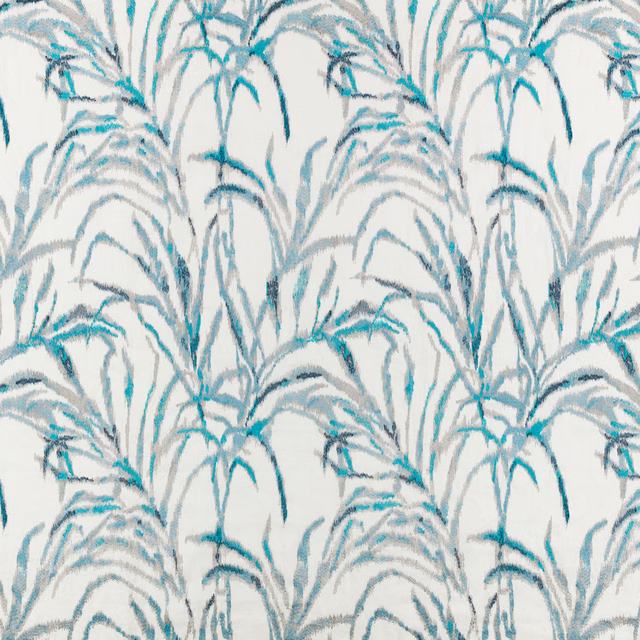 Muted turquoise botanical fronds on a softly textured pale ivory fabric ground
