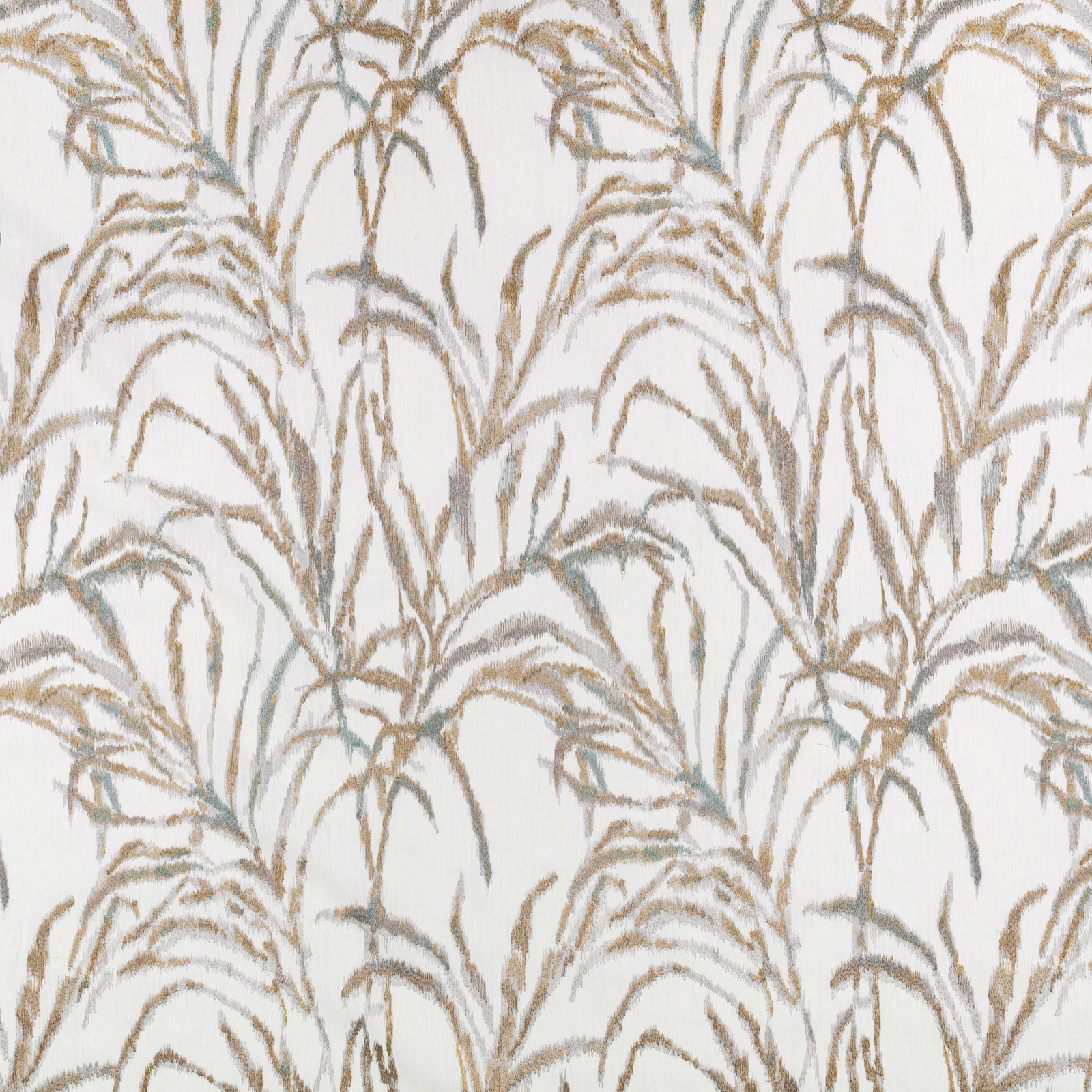 Cream fabric with taupe arching botanical leaves and blue-grey woven accents