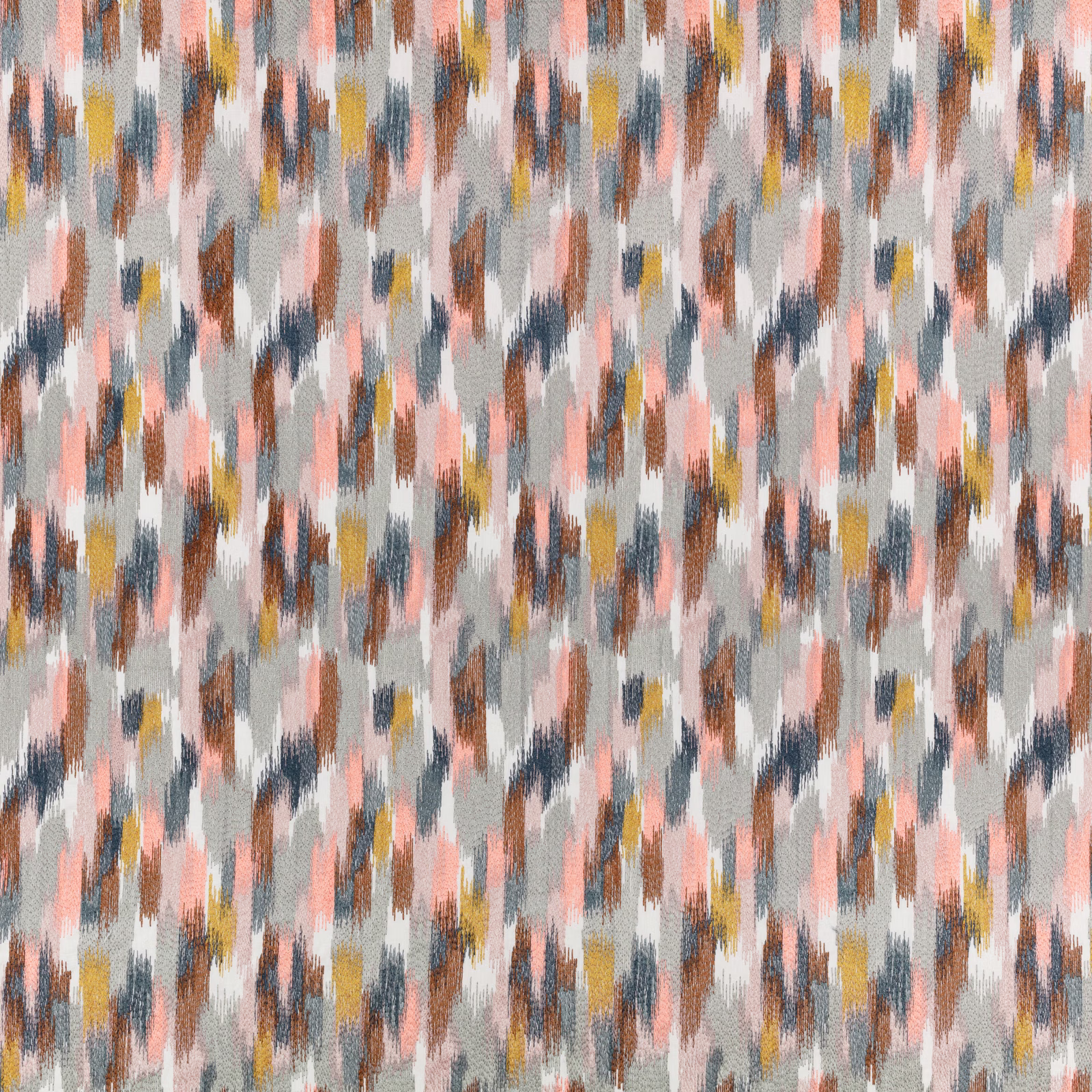 Pale grey textile with coral, mustard, blue and brown broken vertical marks