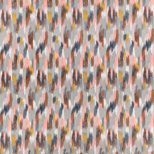 Pale grey textile with coral, mustard, blue and brown broken vertical marks