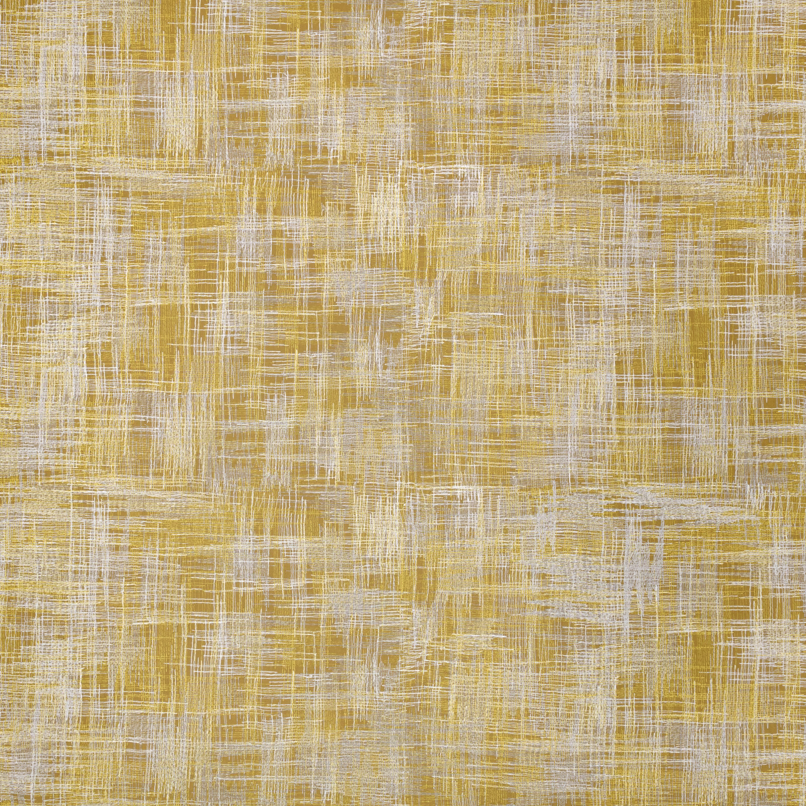 Muted ochre-yellow woven ground with irregular ivory crosshatched lines and tactile texture