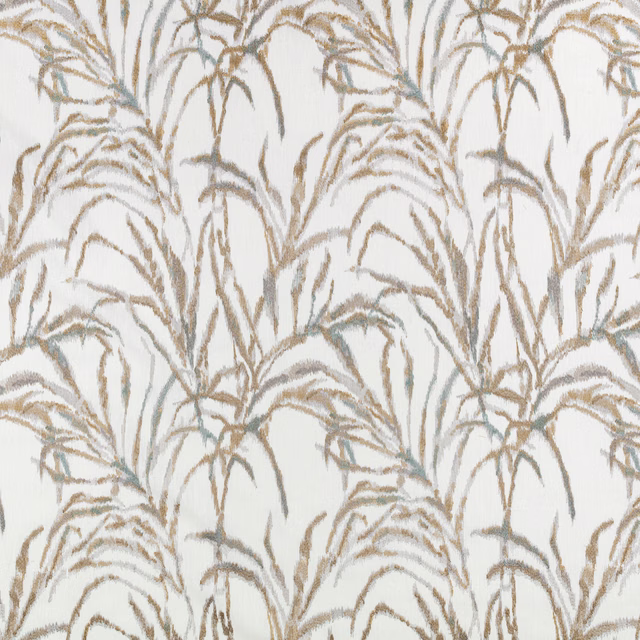 Ivory textile with warm taupe botanical sprays and muted blue-grey accents