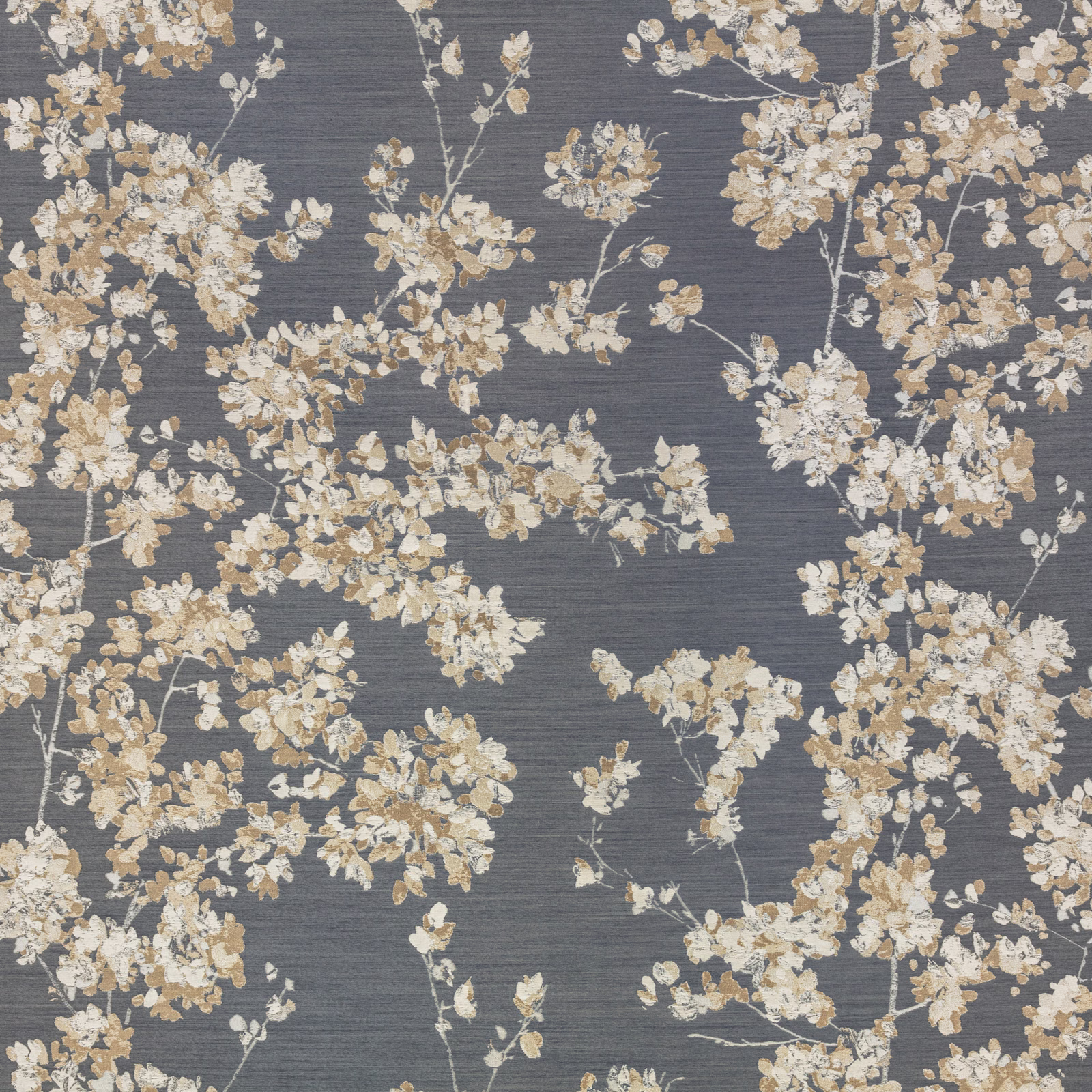 Gunmetal-grey woven ground with branching cream and beige floral clusters